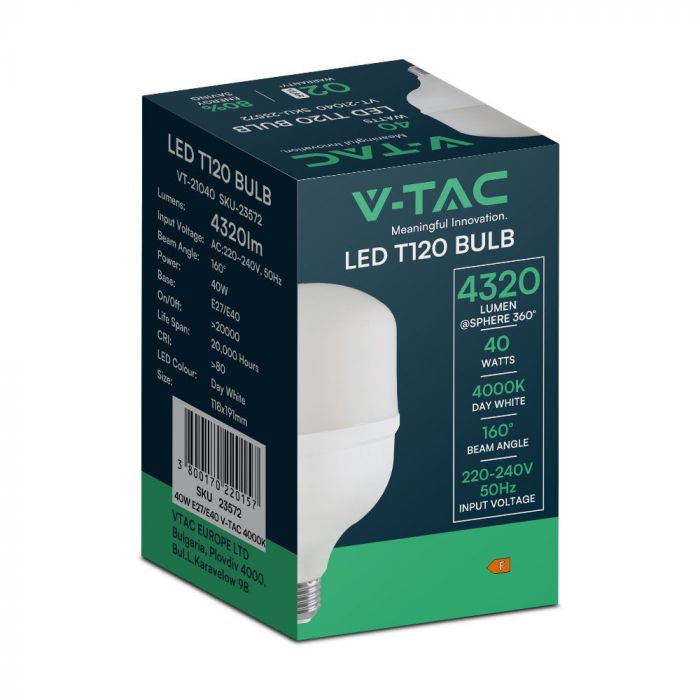 E27/E40 40W(4320Lm) LED Spuldze, V-TAC, IP20, T120, auksti balta gaisma 6500K