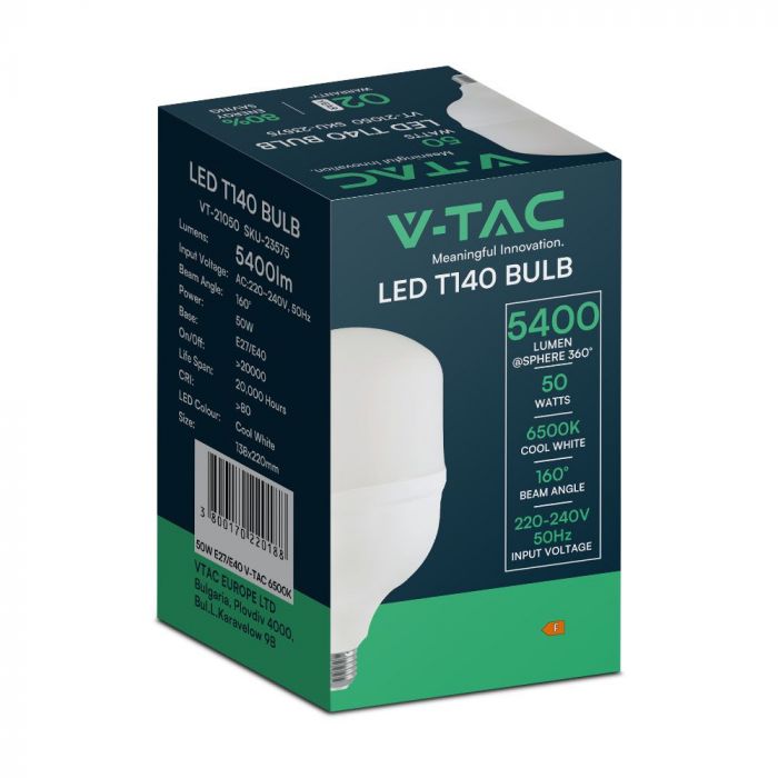 E27/E40 50W (5400Lm) LED-lampa, V-TAC, IP20, T140, kallvit 6500K