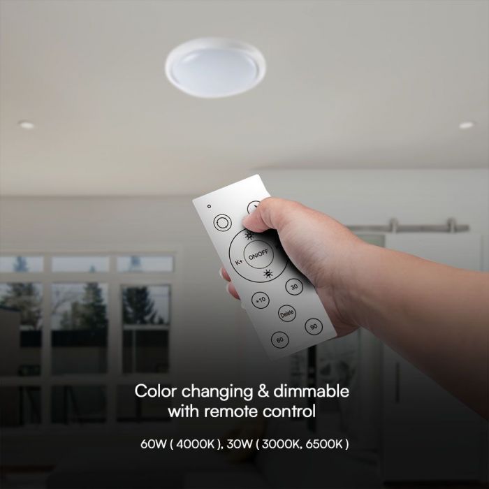 Круглый купольный светильник 30/60/30W(6000Lm) LED V-TAC с дистанционным управлением, IP20, белый, диммируемый, 3/1