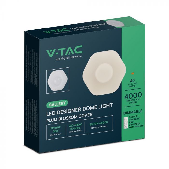40W(4000Lm) LED V-TAC design rund kupolarmatur med fjärrkontroll, IP20, vit, dimbar, 3/1