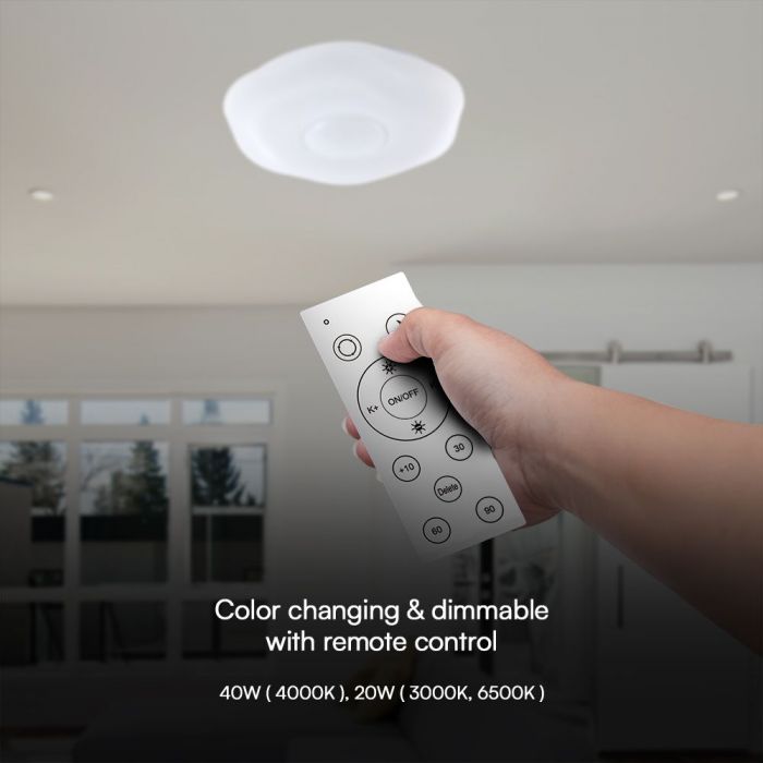 40W(4000Lm) LED V-TAC design rund kupolarmatur med fjärrkontroll, IP20, vit, dimbar, 3/1