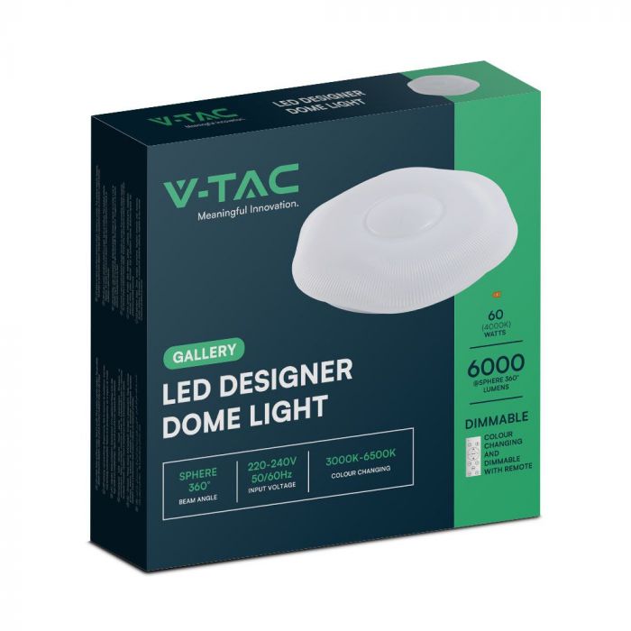 30/60/30W(6000Lm) LED V-TAC design rund kupolarmatur med fjärrkontroll, IP20, vit, dimbar, 3/1