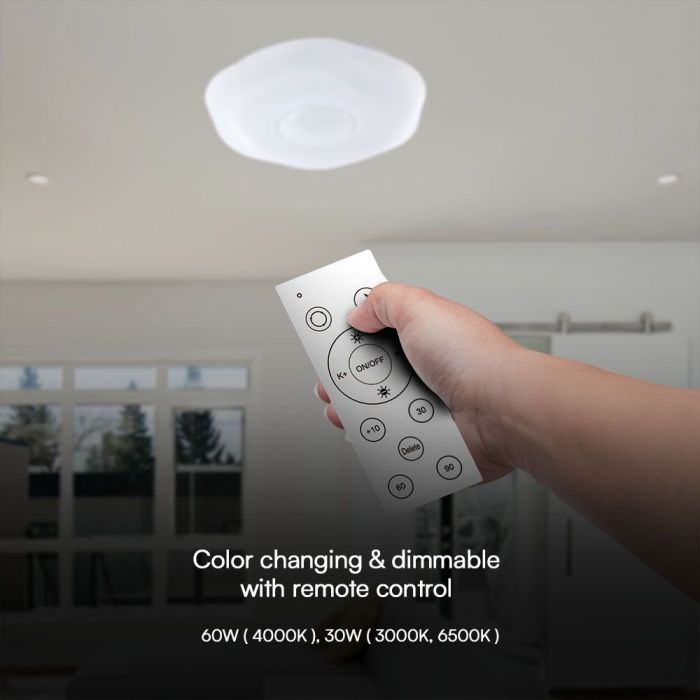 30/60/30W(6000Lm) LED V-TAC design rund kupolarmatur med fjärrkontroll, IP20, vit, dimbar, 3/1