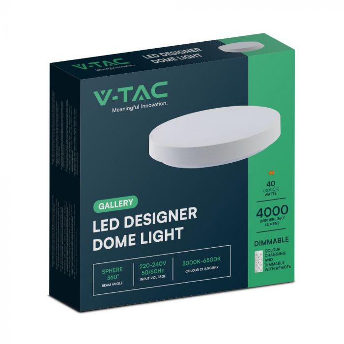 20/40/20W(4000Lm) LED V-TAC design rund kupolarmatur med fjärrkontroll, IP20, vit, dimbar, 3/1