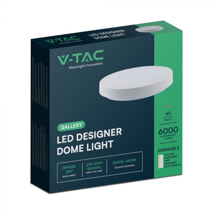 30W / 60W / 30W (6000Lm) LED V-TAC dizaina apaļš kupola gaismeklis ar tālvadības pulti, IP20, balts, dimmējams, 3/1