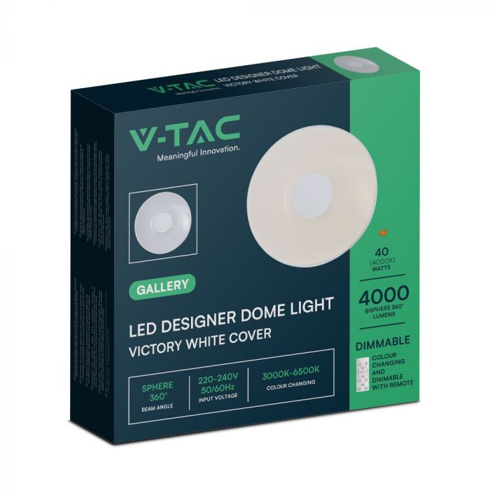 40W (4000Lm) LED V-TAC disainiga ümmargune kuppelvalgusti, puldiga, IP20, valge, timmitav, 3/1
