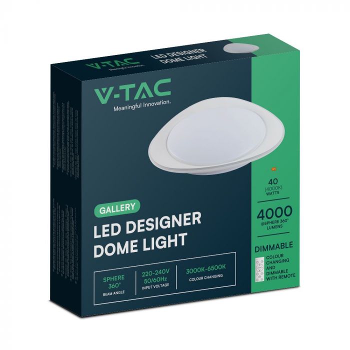 40W(4000Lm) LED V-TAC dizaina apaļš kupola gaismeklis ar tālvadības pulti, IP20, balts, dimmējams, 3/1