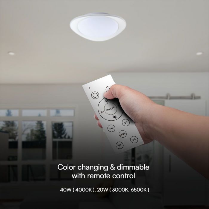20/40/20W(4000Lm) LED V-TAC design rund kupolarmatur med fjärrkontroll, IP20, vit, dimbar, 3/1