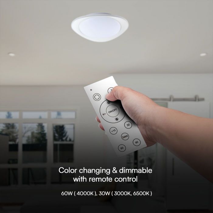 30/60/30W(6000Lm) LED V-TAC design rund kupolarmatur med fjärrkontroll, IP20, vit, dimbar, 3/1