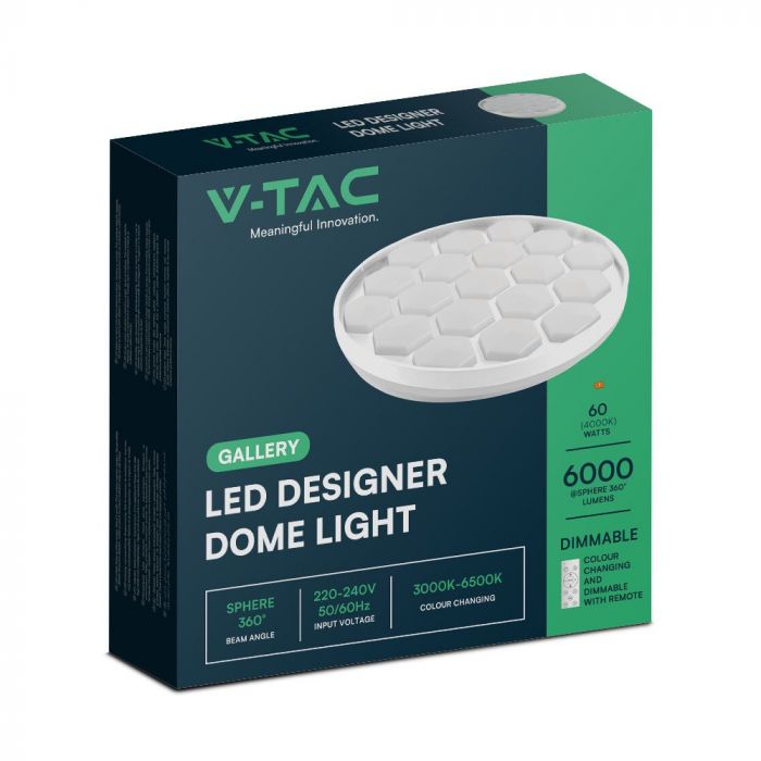 30W / 60W / 30W(6000Lm) LED V-TAC dizaina apaļš kupola gaismeklis ar tālvadības pulti, IP20, balts, dimmējams, 3/1