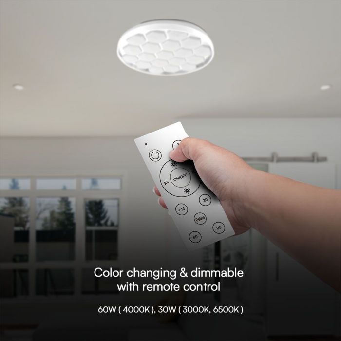 30/60/30W(6000Lm) LED V-TAC design rund kupolarmatur med fjärrkontroll, IP20, vit, dimbar, 3/1