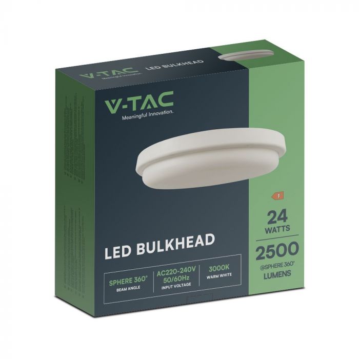 24W(2500Lmm) LED kupolveida gaismeklis, V-TAC, IP54, silti balta gaisma 3000K