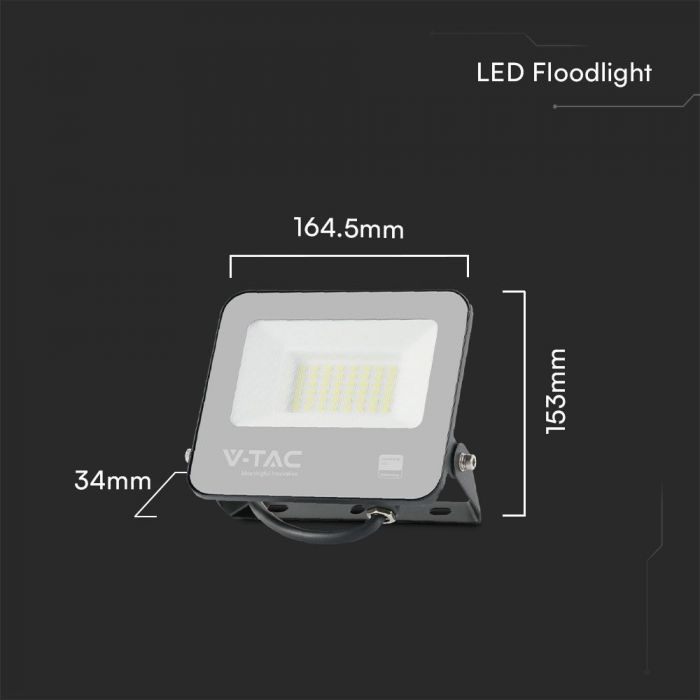 30W(2505Lm) LED-strålkastare utan rörelsesensor, V-TAC SAMSUNG, IP65, 5 års garanti, svart hölje och grått glas, 1m kabel, varmvitt ljus 3000K