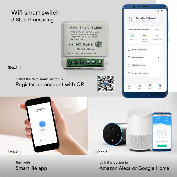 Mini Smart 2 Gang Switch ar iespējotu Wi-Fi, saderīgs ar ALEXA un Google Home