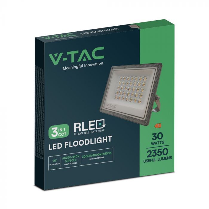 KASTE 20 gab. x 8,31€ – 30W(2350Lm) LED prožektors bez sensora, 3in1 (3000K/4000K/6500K pārslēdzams), V-TAC, IP65, pelēks