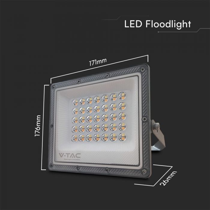 KASTE 20 gab. x 8,31€ – 30W(2350Lm) LED prožektors bez sensora, 3in1 (3000K/4000K/6500K pārslēdzams), V-TAC, IP65, pelēks