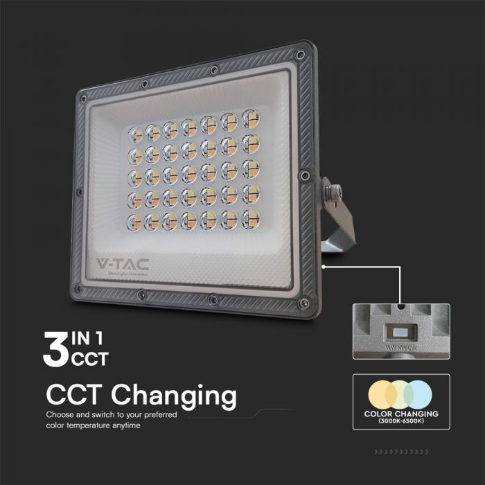 KASTE 20 gab. x 8,31€ – 30W(2350Lm) LED prožektors bez sensora, 3in1 (3000K/4000K/6500K pārslēdzams), V-TAC, IP65, pelēks