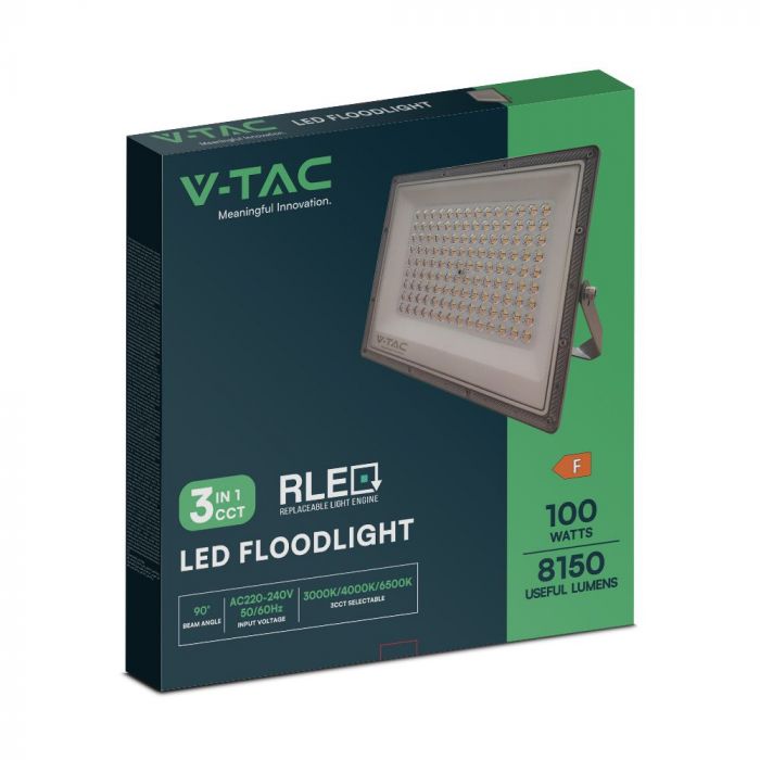 KASTE 10 gab. x 16,67€ – 100W(8150Lm) LED prožektors bez sensora, 3in1 (3000K/4000K/6500K pārslēdzams), V-TAC, IP65, pelēks