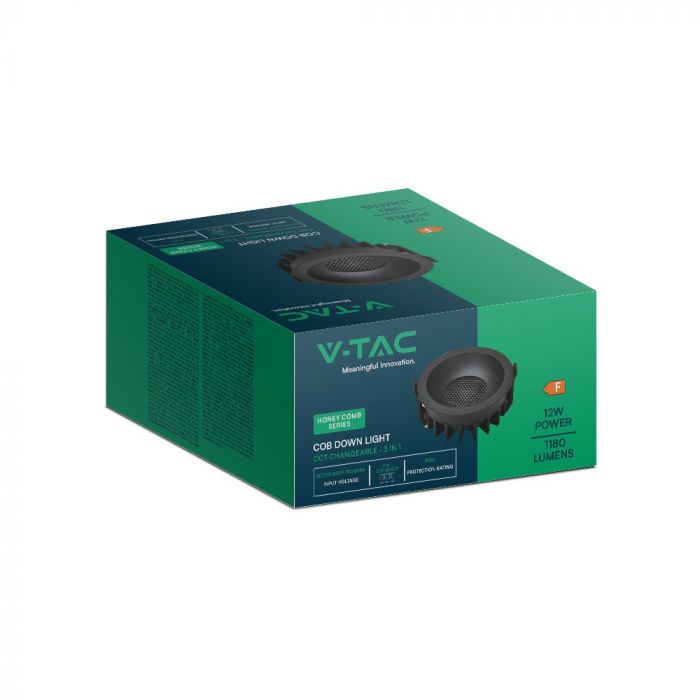 12W(1180Lm) LED COB BRIDGELUX süvistatav valgusti, V-TAC, IP20, must, 3IN1