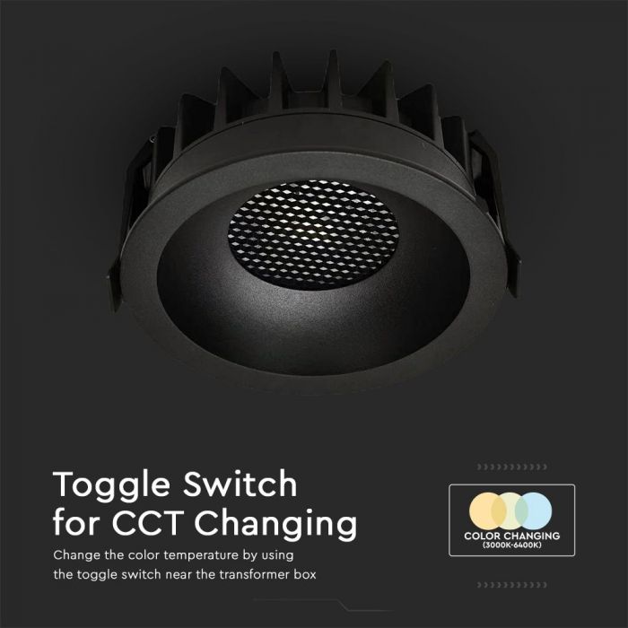 12W(1180Lm) LED COB BRIDGELUX süvistatav valgusti, V-TAC, IP20, must, 3IN1