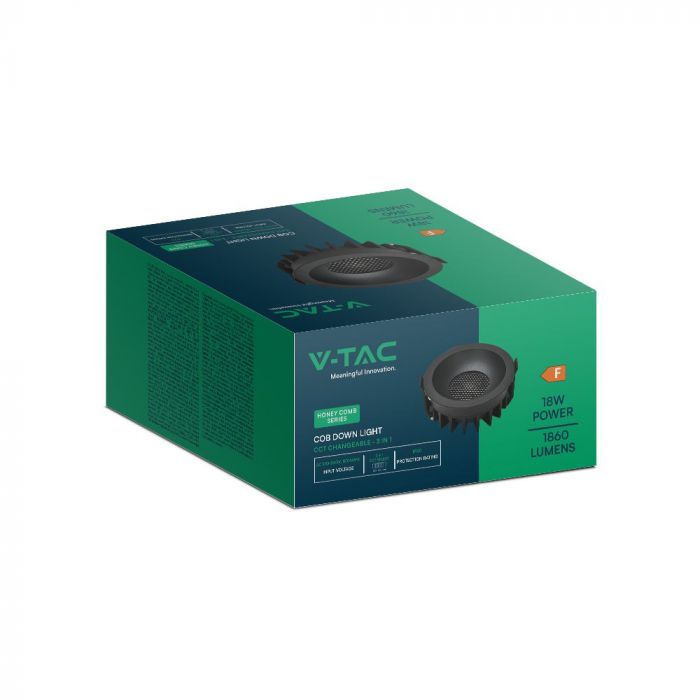 18W(1860Lm) LED COB BRIDGELUX süvistatav valgusti, V-TAC, IP20, must, 3IN1