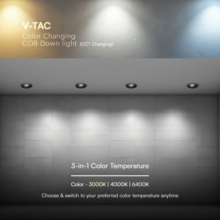 24W(2540Lm) LED COB BRIDGELUX süvistatav valgusti, V-TAC, IP20, must, 3IN1