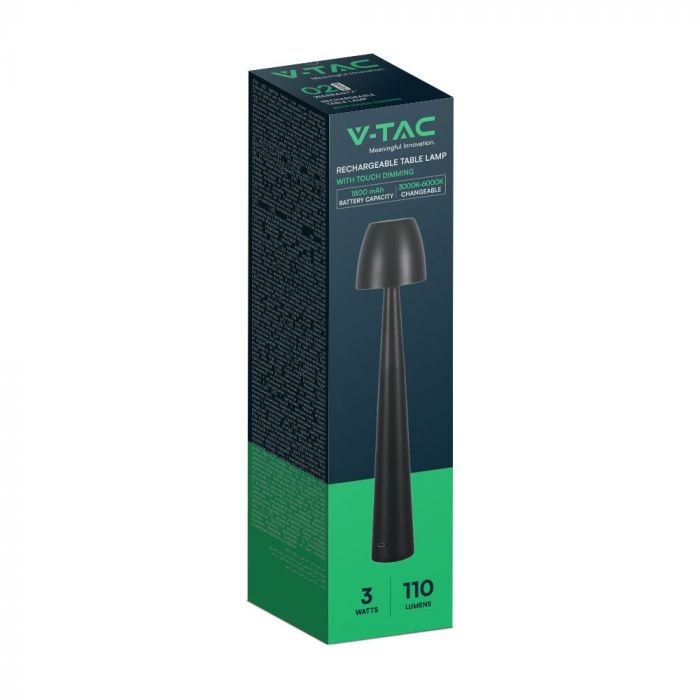 3W(110Lm) DC:5V, 2A LED-bordslampa, V-TAC, IP20, dimbar, svart, 1800mAh litiumbatteri, 3IN1