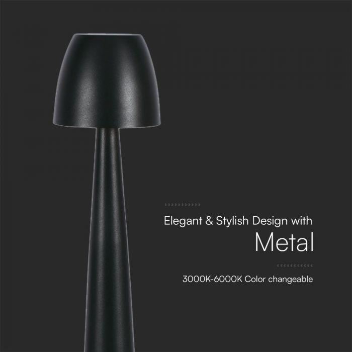 3W(110Lm) DC:5V, 2A LED-bordslampa, V-TAC, IP20, dimbar, svart, 1800mAh litiumbatteri, 3IN1