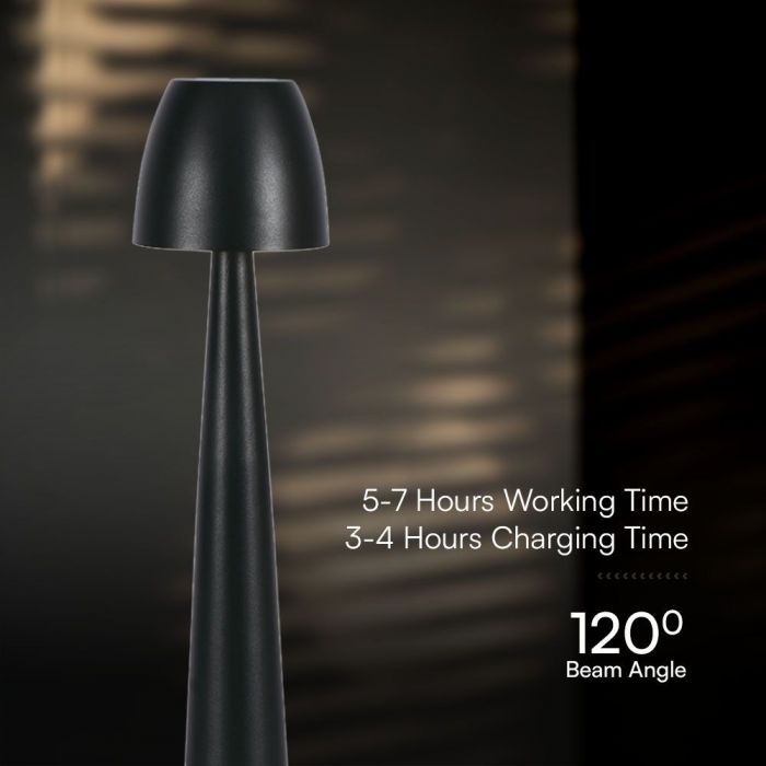 3W(110Lm) DC:5V, 2A LED-bordslampa, V-TAC, IP20, dimbar, svart, 1800mAh litiumbatteri, 3IN1