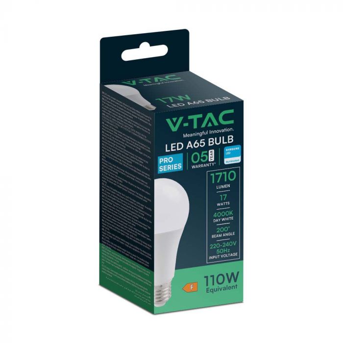 E27 17W(1710Lm) LED Bulb, A65, V-TAC SAMSUNG, IP20, warm white light 3000K