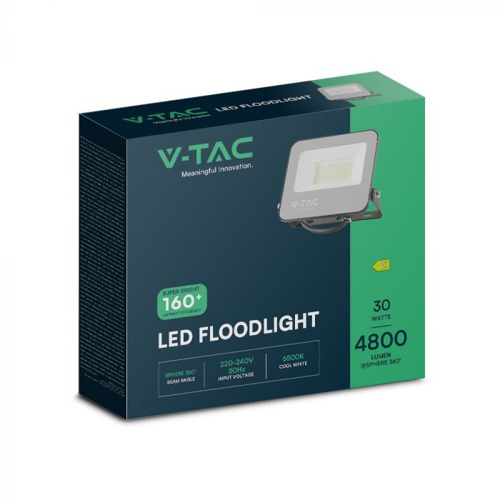 30W (4800Lm) LED-valgusti ilma liikumisandurita, V-TAC, IP65, must korpus halli klaasiga, 5-aastane garantii, neutraalne valge valgus 4000K