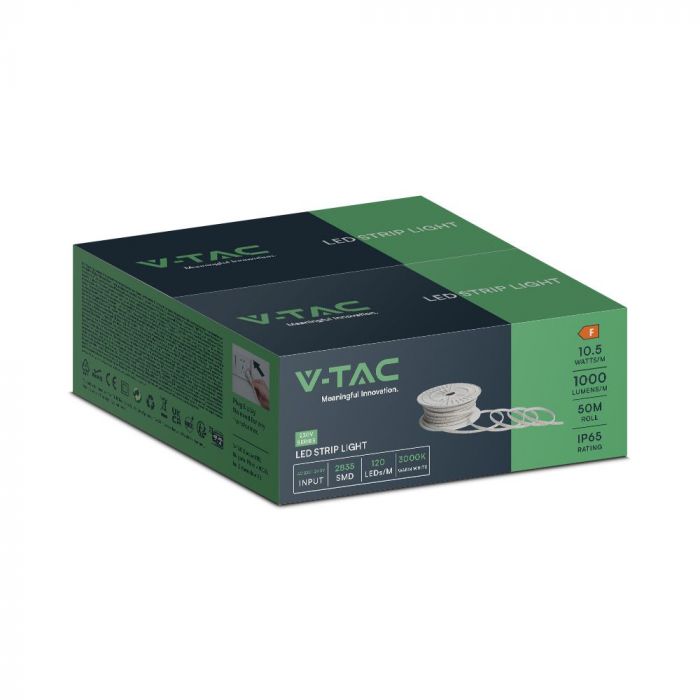 Cena par 50m_10.5W(1000Lm) 220V LED lente, IP65, V-TAC, balta, silti balta gaisma 3000K