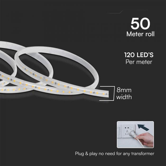 Price for 50m_10.5W(1000Lm) 220V LED strip, IP65, V-TAC, white, warm white light 3000K