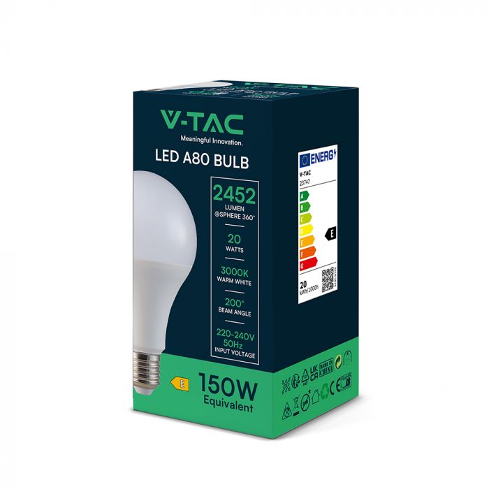 E27 20W(2452Lm) LED-pirn, V-TAC, IP20, soe valge valgus 3000K