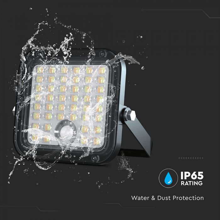 10W(1500Lm) LED Prožektors ar saules paneli un PIR kustību sensoru, V-TAC, IP65, melns, 4000K+6000K