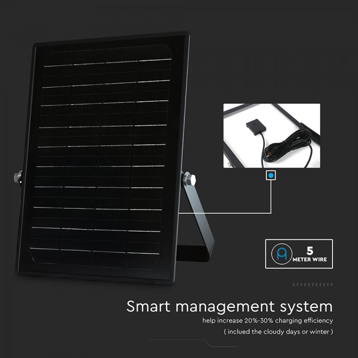 10W(1500Lm) LED Prožektors ar saules paneli un PIR kustību sensoru, V-TAC, IP65, melns, 4000K+6000K