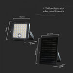 10W(1500Lm) LED Prožektors ar saules paneli un PIR kustību sensoru, V-TAC, IP65, melns, 4000K+6000K