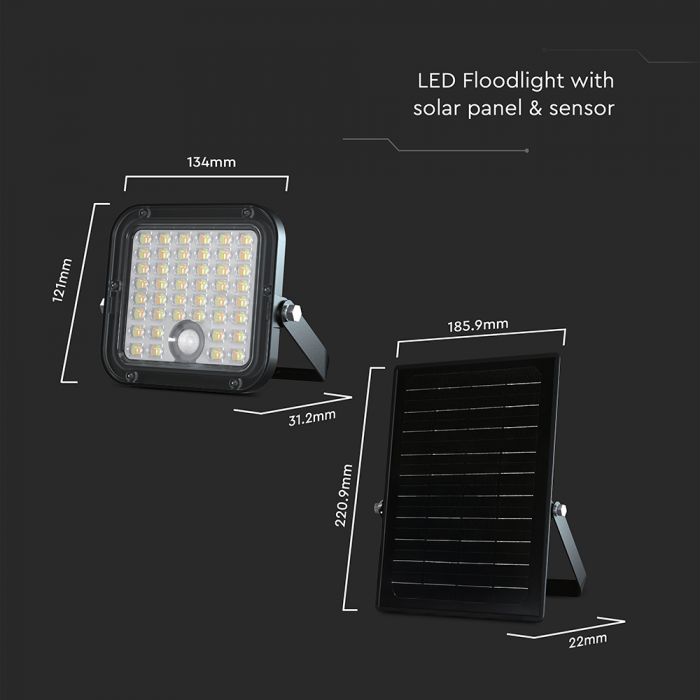 10W(1500Lm) LED Prožektors ar saules paneli un PIR kustību sensoru, V-TAC, IP65, melns, 4000K+6000K