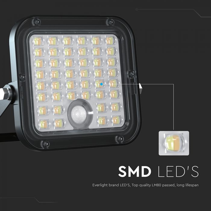 10W(1500Lm) LED Prožektors ar saules paneli un PIR kustību sensoru, V-TAC, IP65, melns, 4000K+6000K