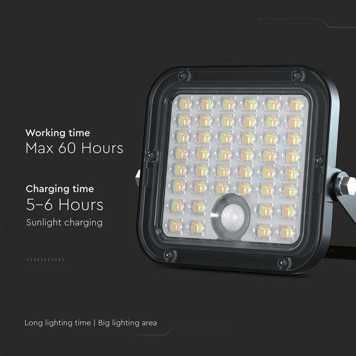 10W(1500Lm) LED Prožektors ar saules paneli un PIR kustību sensoru, V-TAC, IP65, melns, 4000K+6000K