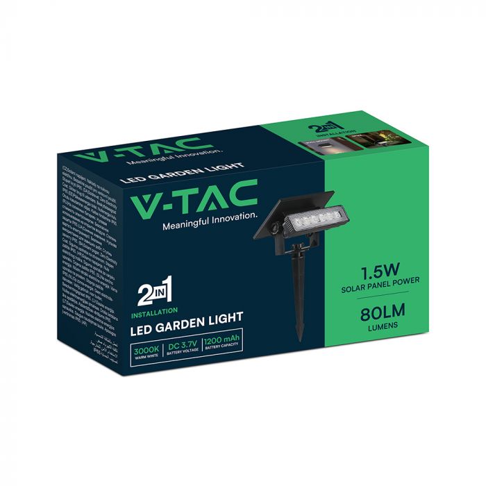 0.9W(80 Lm) LED solārais gaismeklis, V-TAC, IP65, melns,  3.7V, Li-ion 1200mAh, silti balta gaisma 3000KBattery