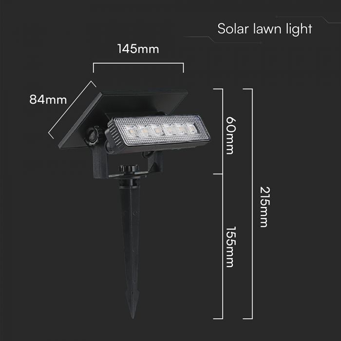 0.9W(80 Lm) LED solārais gaismeklis, V-TAC, IP65, melns,  3.7V, Li-ion 1200mAh, silti balta gaisma 3000KBattery
