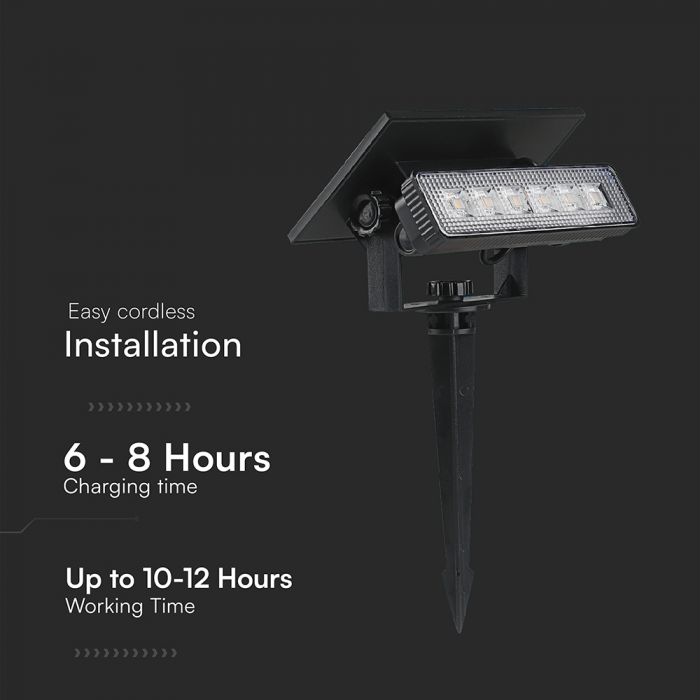 0.9W(80 Lm) LED solārais gaismeklis, V-TAC, IP65, melns,  3.7V, Li-ion 1200mAh, silti balta gaisma 3000KBattery