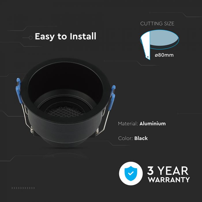 GU10 Aluminium round luminaire with deep anti-glare grille, black housing, V-TAC, IP20