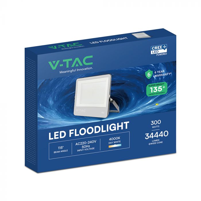VT-44003 LED Prožektors 300 W, CREE mikroshēma, 4000 K, melns korpuss, IP65, 135 lm/W, 1 m kabelis, 6 gadu garantija