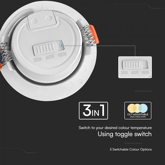 7W(510Lm) LED iebūvējams griestu gaismeklis, V-TAC, IP20, apaļš, balts, 3IN1