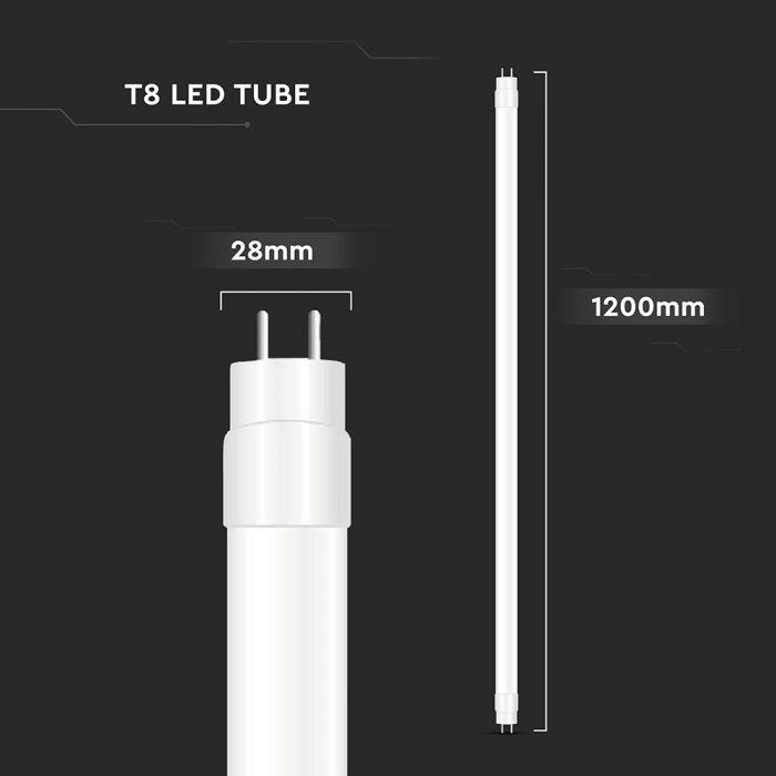 T8 16.5W(1850Lm) 120 cm LED V-TAC spuldze, garantija 3 gadi, G13, IP20, silti balta gaisma 3000K