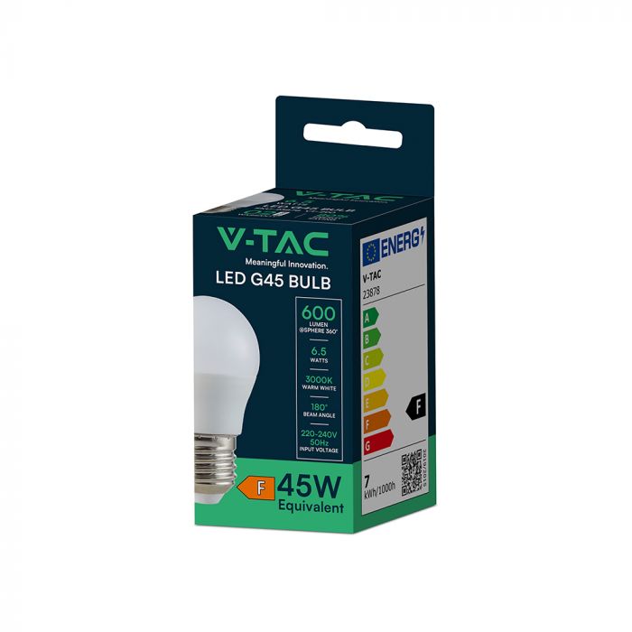E27 6.5W(600Lm) LED Spuldze, V-TAC, G45, IP20, silti balta gaisma 3000K