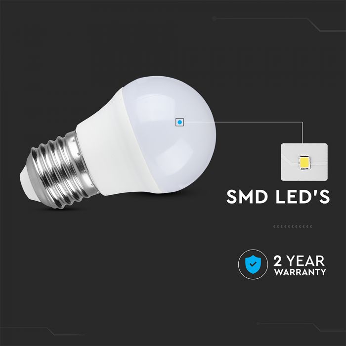 E27 6.5W(600Lm) LED Spuldze, V-TAC, G45, IP20, silti balta gaisma 3000K