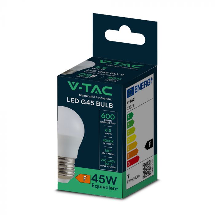 E27 6.5W(600Lm) LED Spuldze, G45, V-TAC, IP20, neitrāli balta gaisma 4000K
